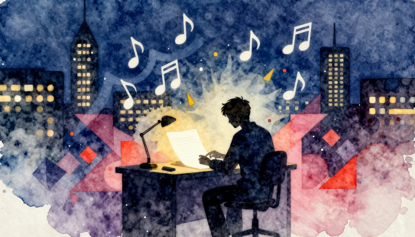 Watercolor style. A lonely silhouette of a writer sitting at...