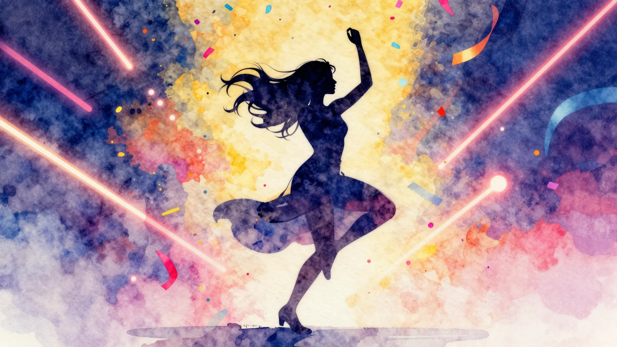 Watercolor style. A festive birthday scene with a silhouette...