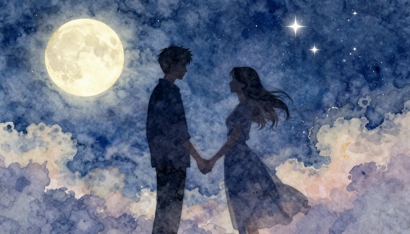 Watercolor style. A romantic silhouette of two lovers holdin...