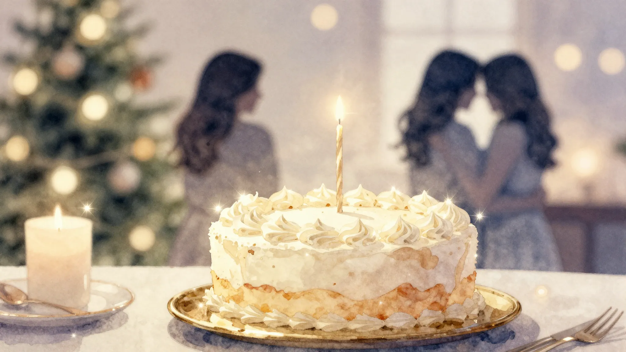 Watercolor style. A cozy festive scene with a large cake, sp...