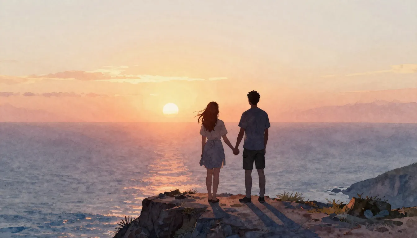 Watercolor style. A silhouette of a couple standing on a cli...