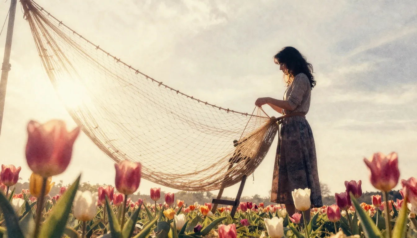 Watercolor style. A silhouette of a woman weaving a large pa...