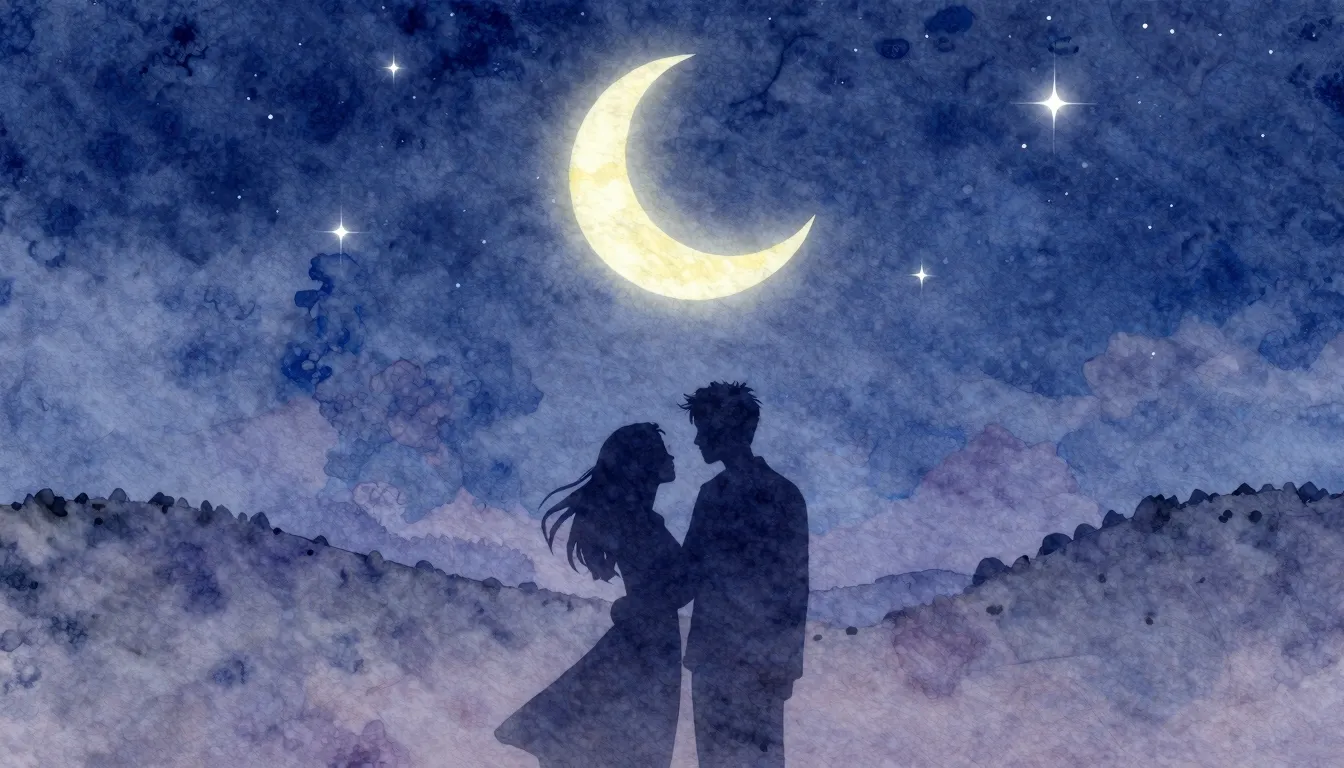 Watercolor style. A silhouette of a couple under a starry ni...