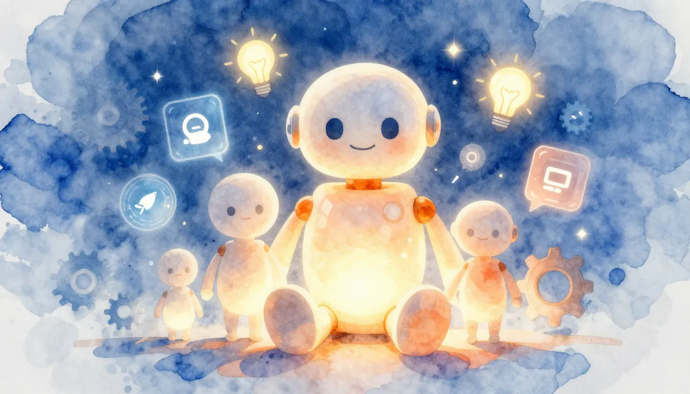 Watercolor style. A friendly glowing robot silhouette sittin...