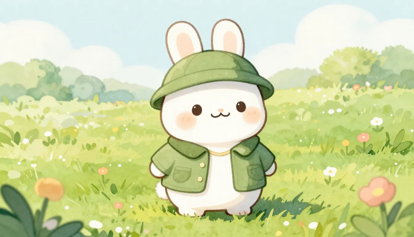 Watercolor style. A cute cheerful bunny Bobo on a sunny gree...