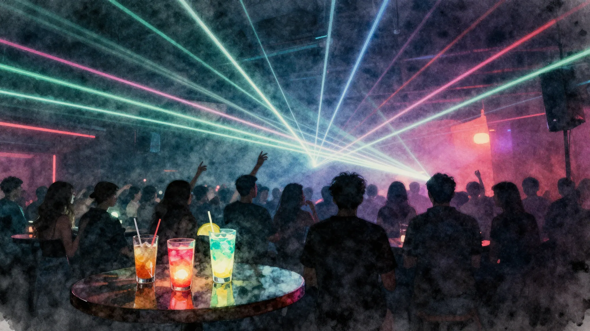 Watercolor style. Neon lights in a dark club, abstract laser...