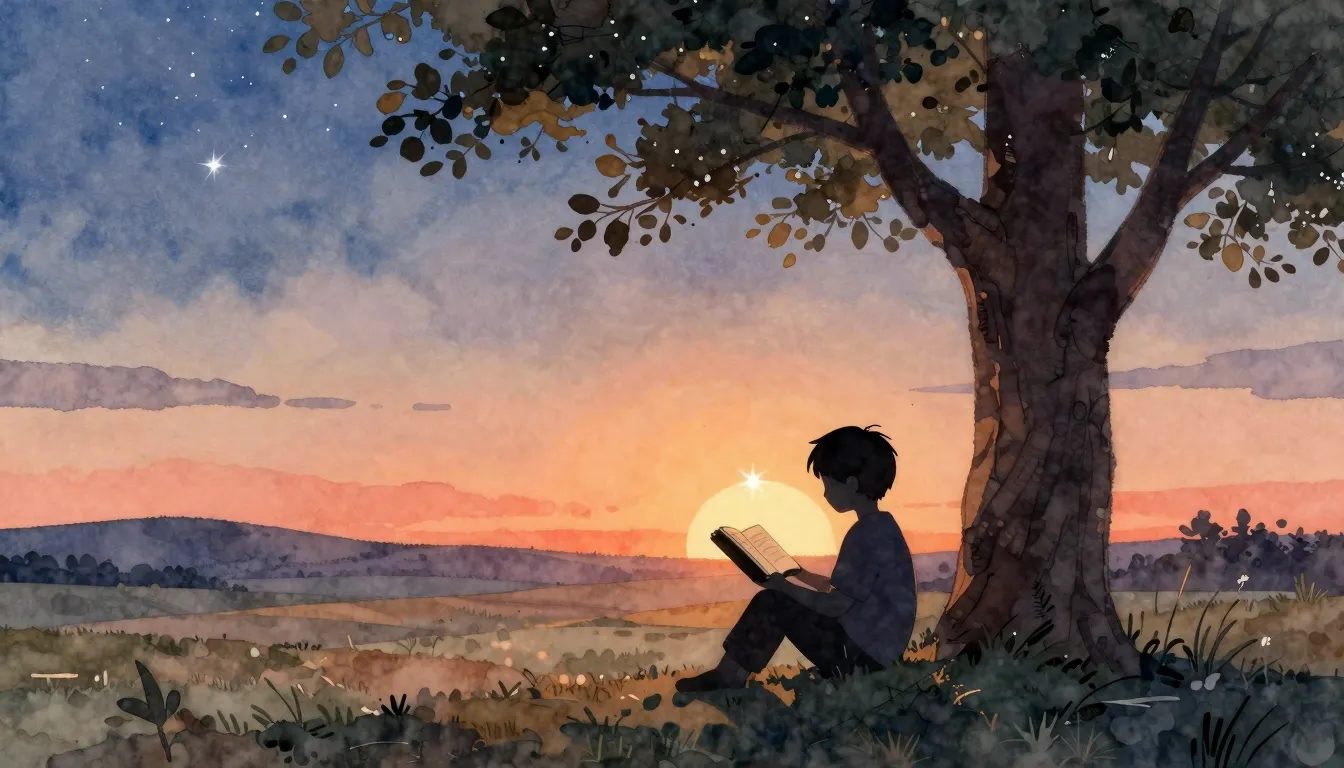 Watercolor style. A silhouette of a child sitting under a la...