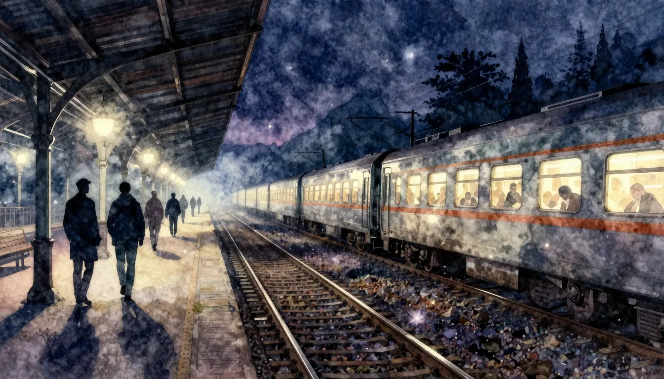 Watercolor style. A surreal glowing train station at night, ...
