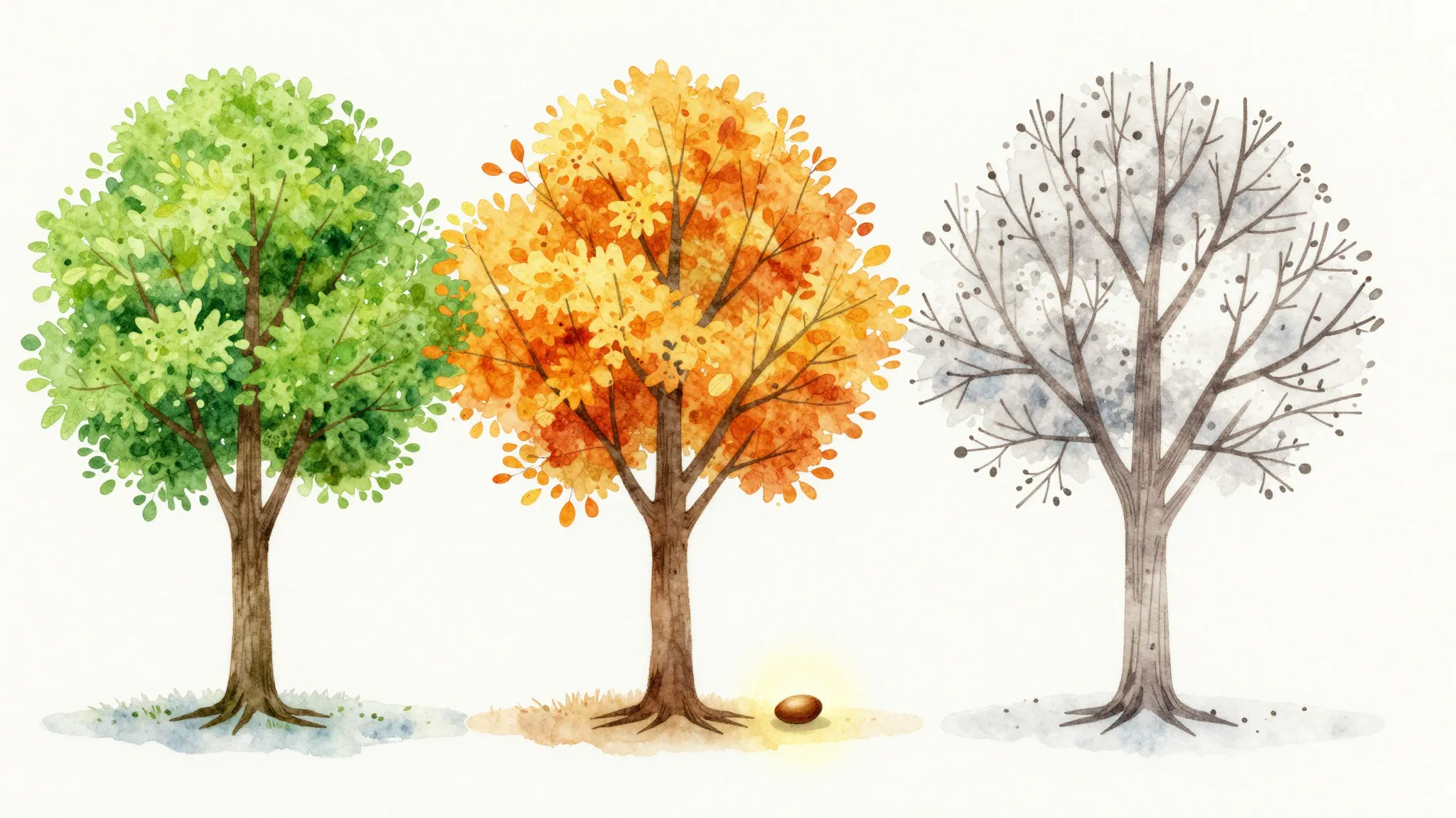 Watercolor style. A single tree shown in four seasons: vibra...