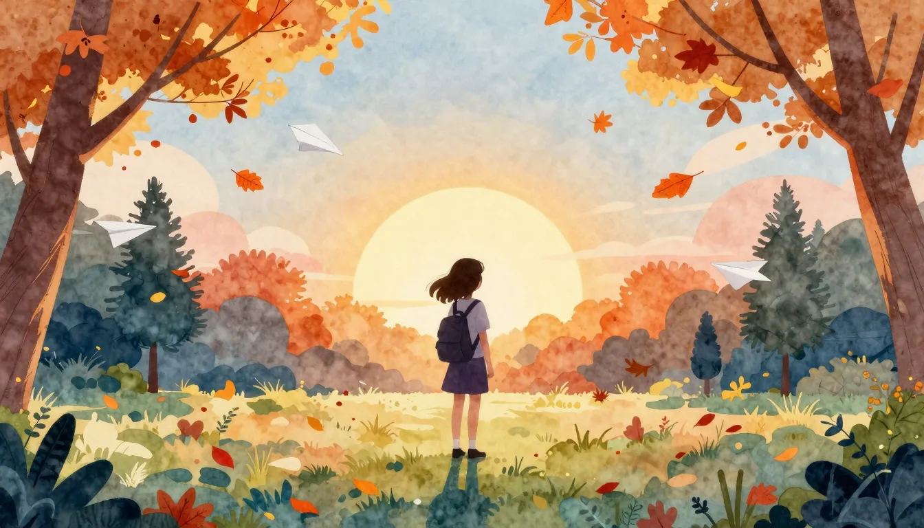 Watercolor style. A silhouette of a girl with a backpack loo...
