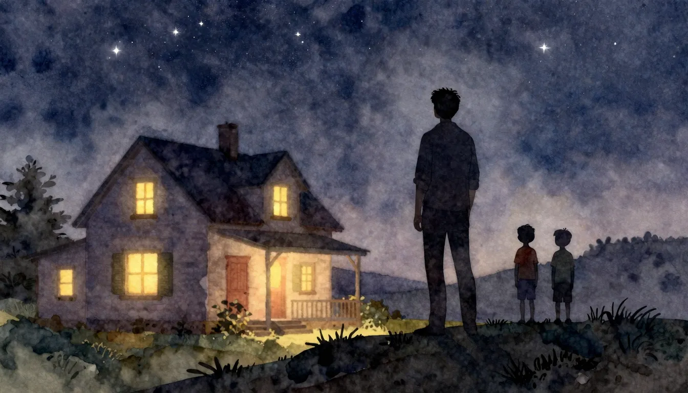 Watercolor style. A silhouette of a man stands on a hill loo...
