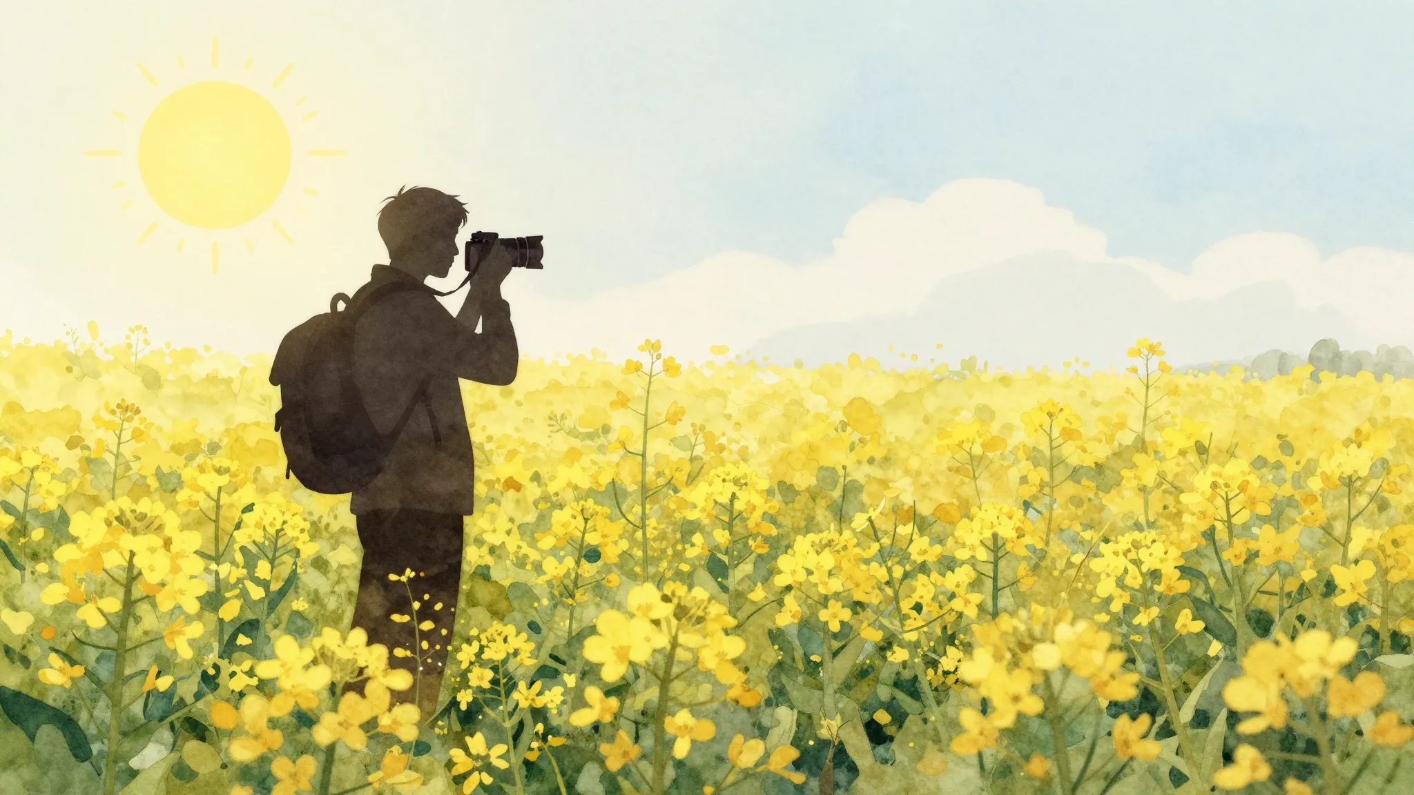 Watercolor style. A silhouette of a traveler with a camera s...