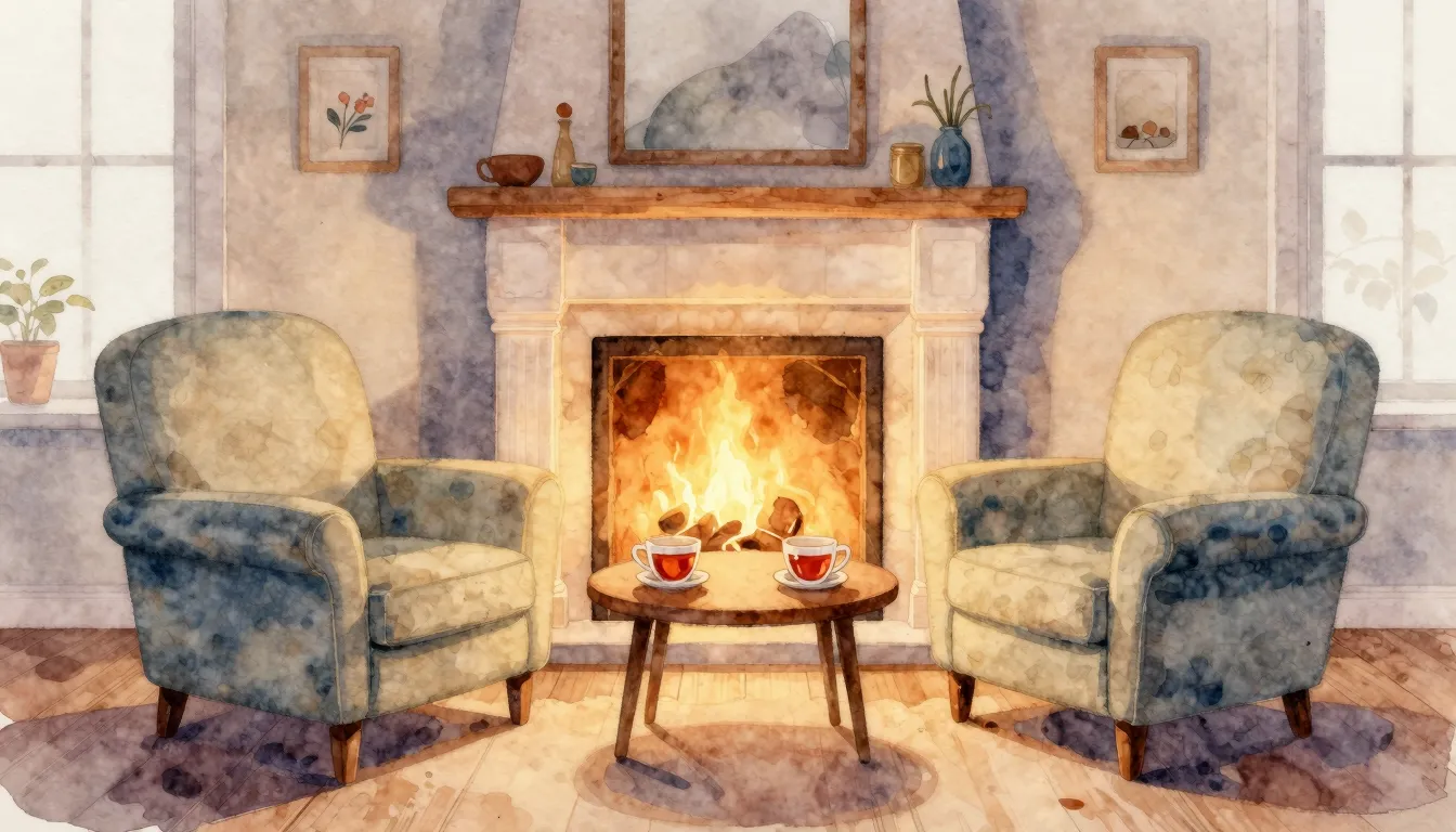 Watercolor style. A cozy room with a warm fireplace, two com...