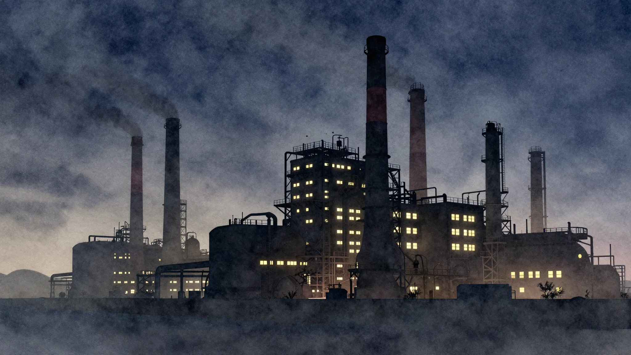 Watercolor style. Silhouette of a massive industrial factory...