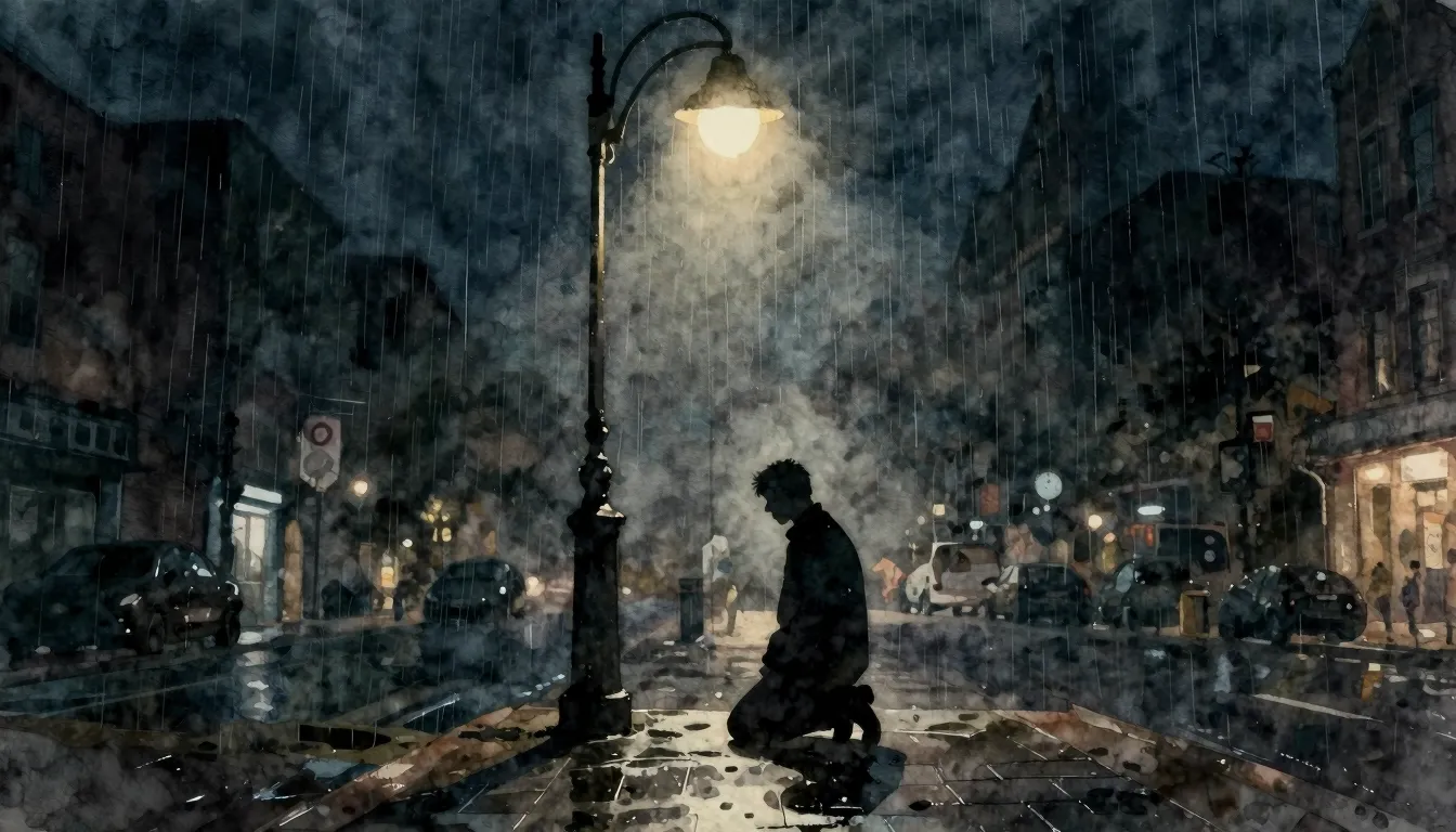 Watercolor style. A lonely silhouette of a man kneeling on a...