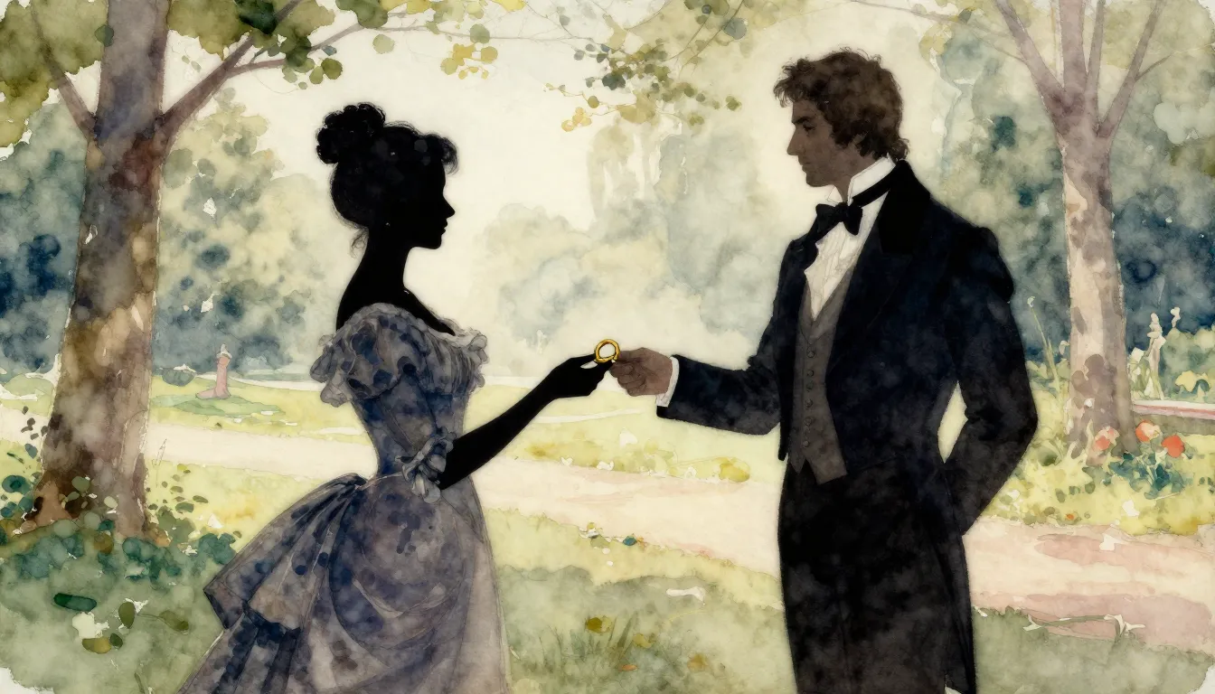 Watercolor style. A silhouette of a woman in a 19th-century ...