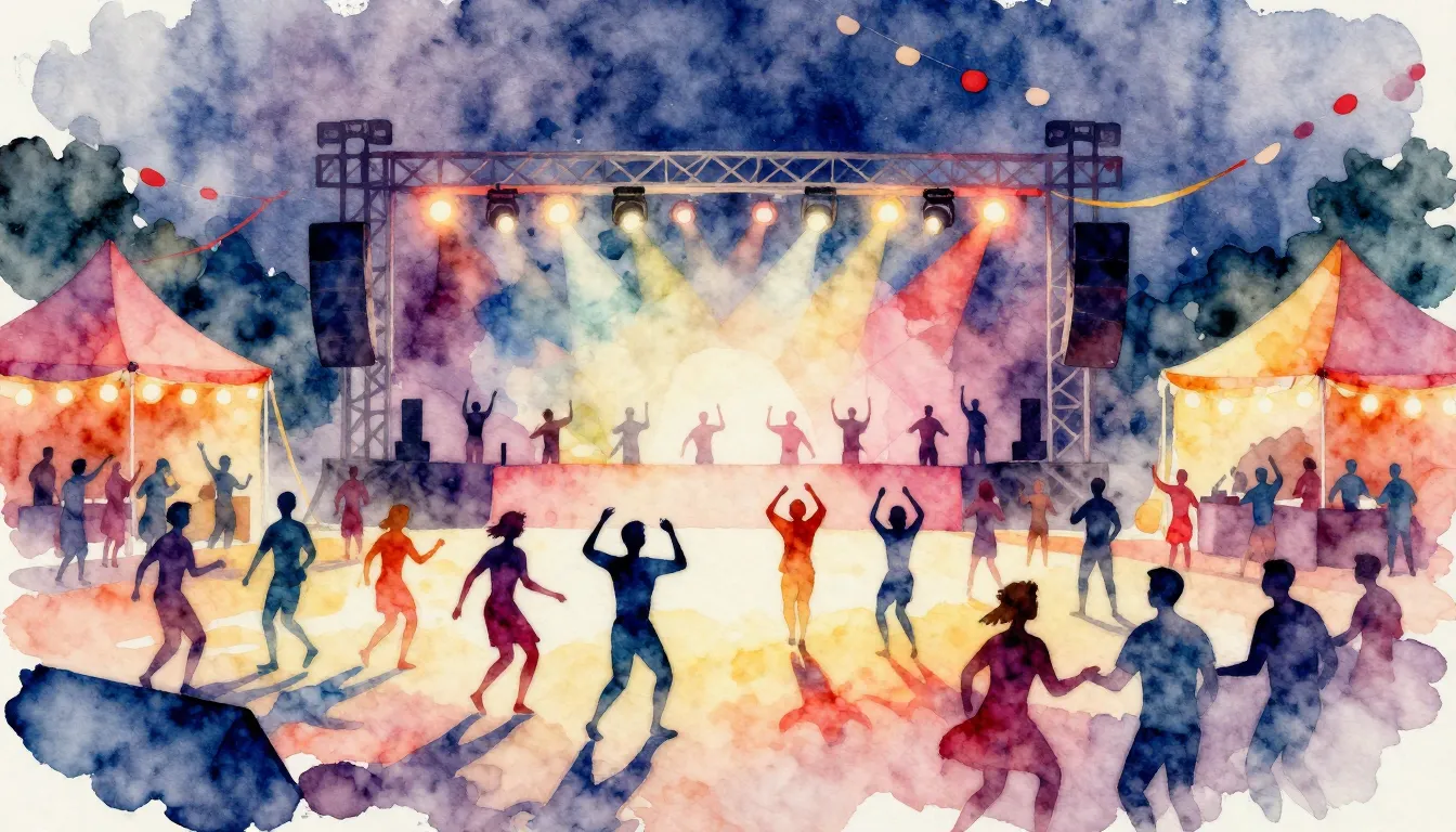 Watercolor style. A vibrant, abstract scene of a festival sq...