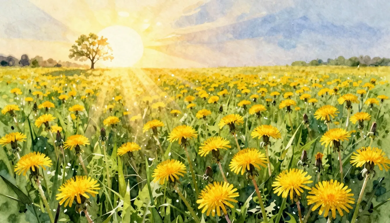 Watercolor style. A vast field of bright yellow dandelions u...