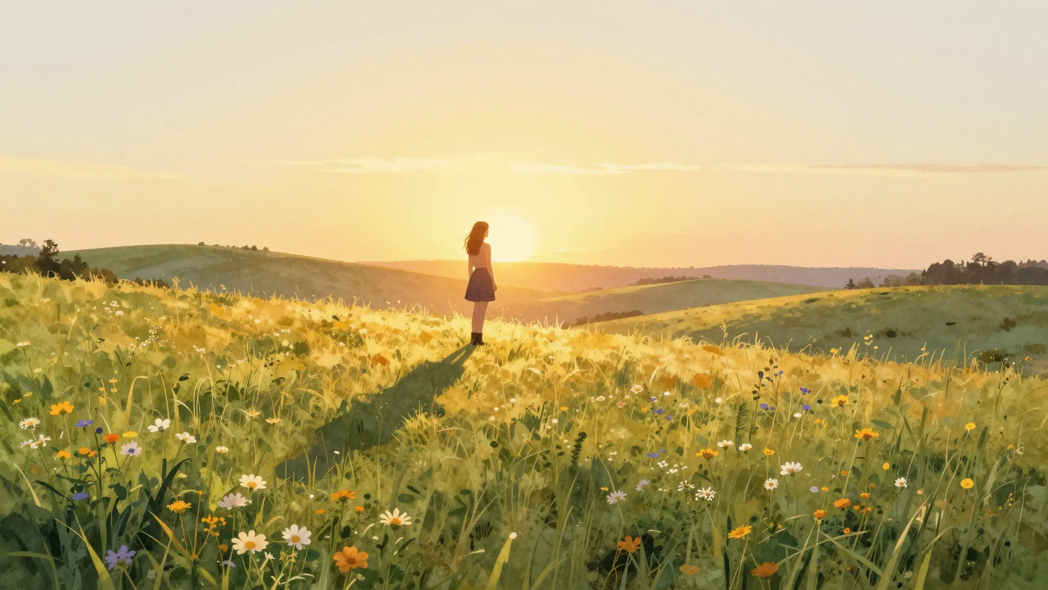 Vibrant watercolor style. Country music album cover, warm su...