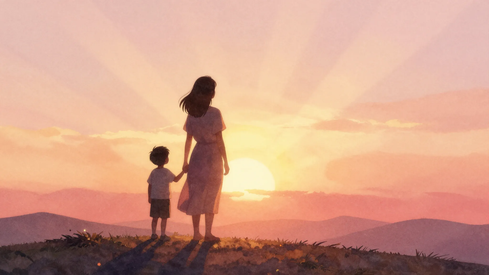Watercolor style. A silhouette of a woman and two children s...
