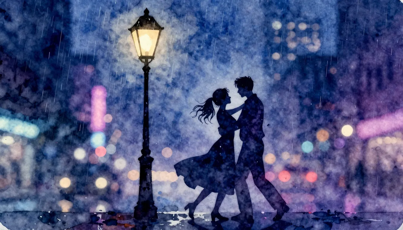 Watercolor style. Silhouette of a couple dancing under a sin...