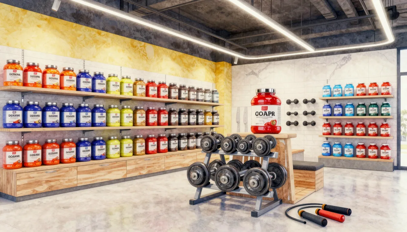 Watercolor style. A bright modern sports store interior, she...
