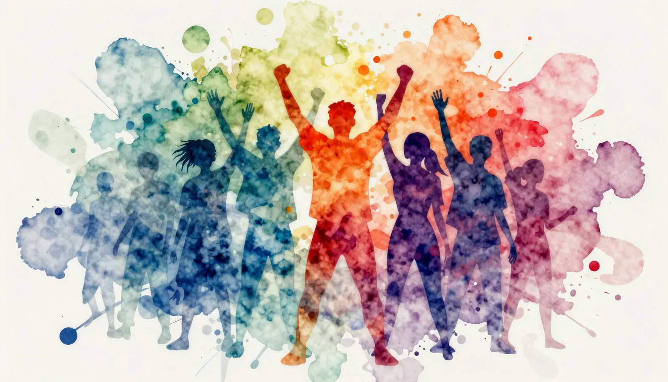 Vibrant watercolor style. Teamwork, success, overcoming chal...