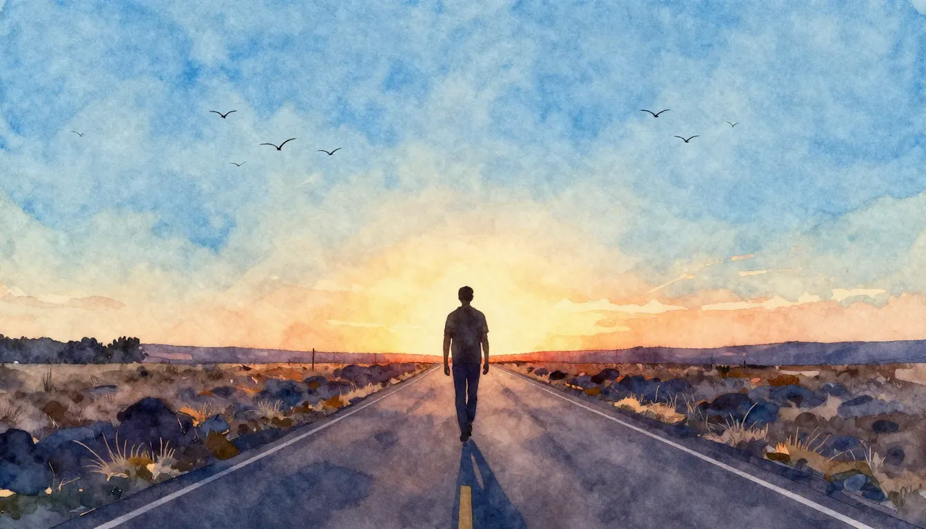 Watercolor style. A lone silhouette walking away on a windin...