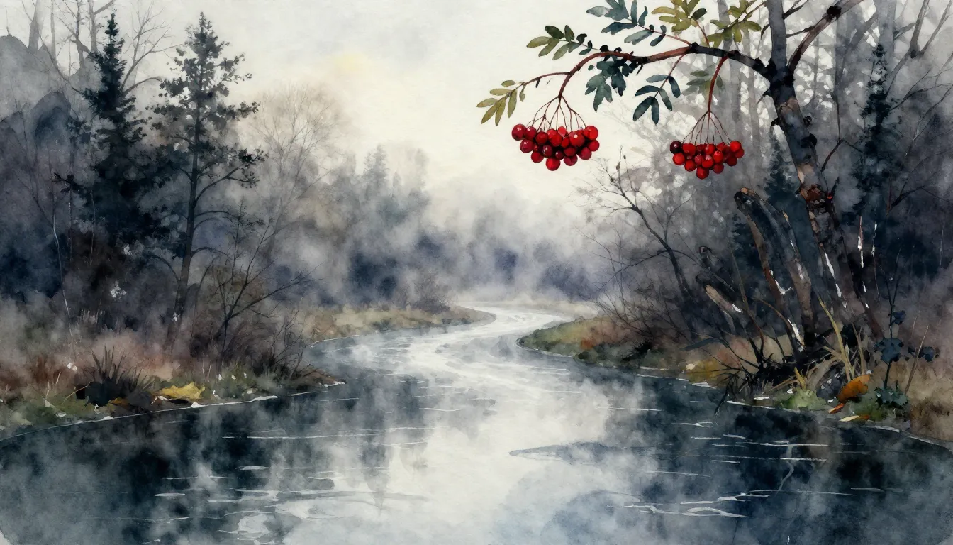 Vibrant watercolor style. Dark, mysterious fog over a river ...