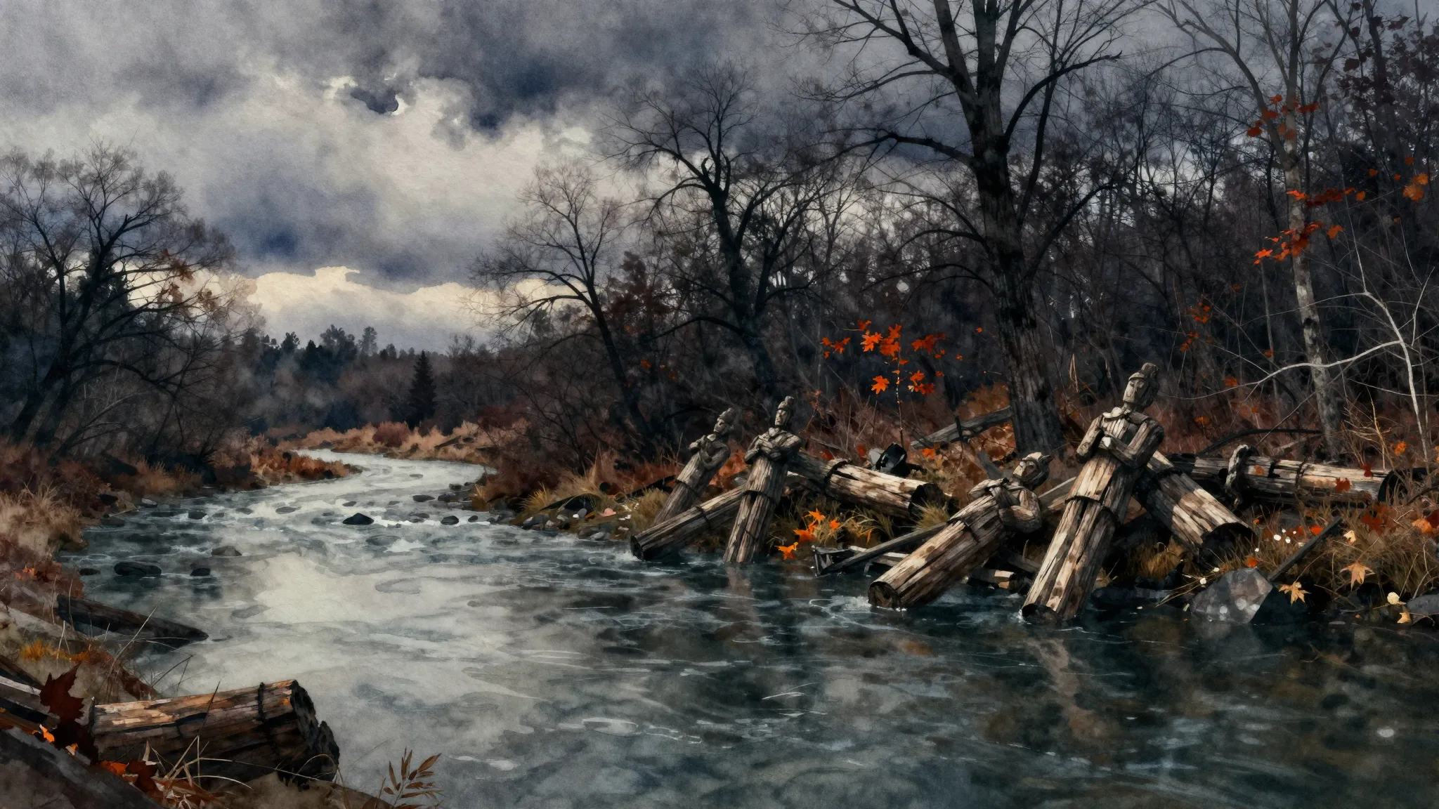 Watercolor style. Dark autumn landscape, cold river, dark si...