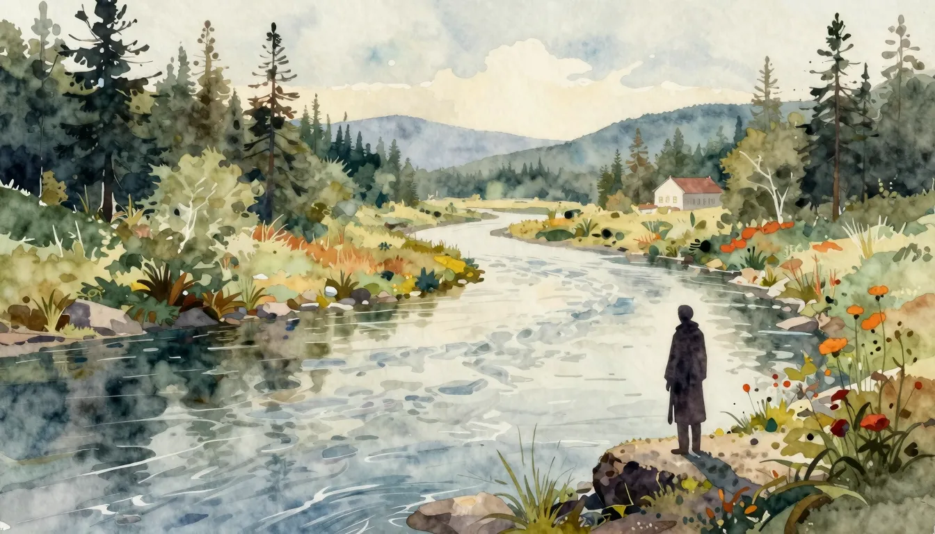 Vibrant watercolor style. A serene river flowing through a n...