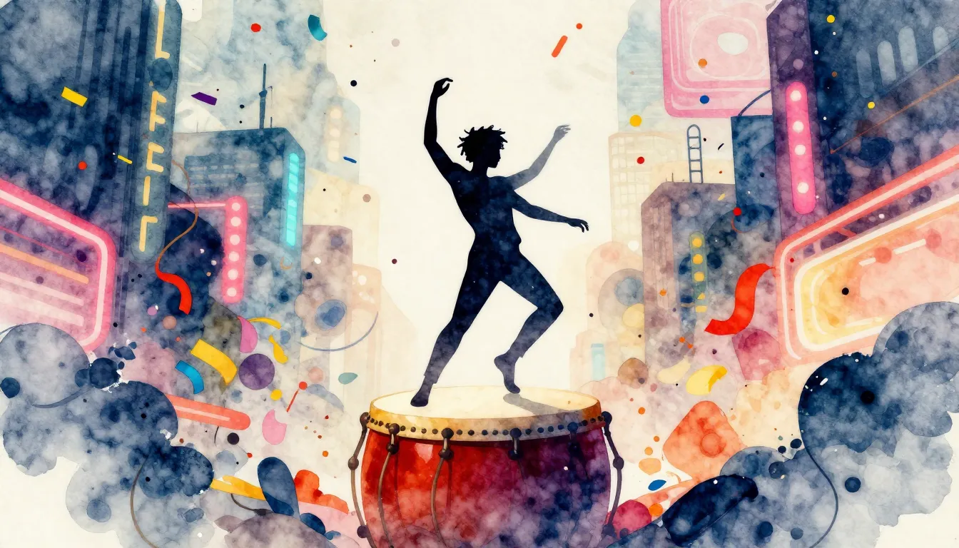 Watercolor style. A silhouette of a person dancing wildly on...