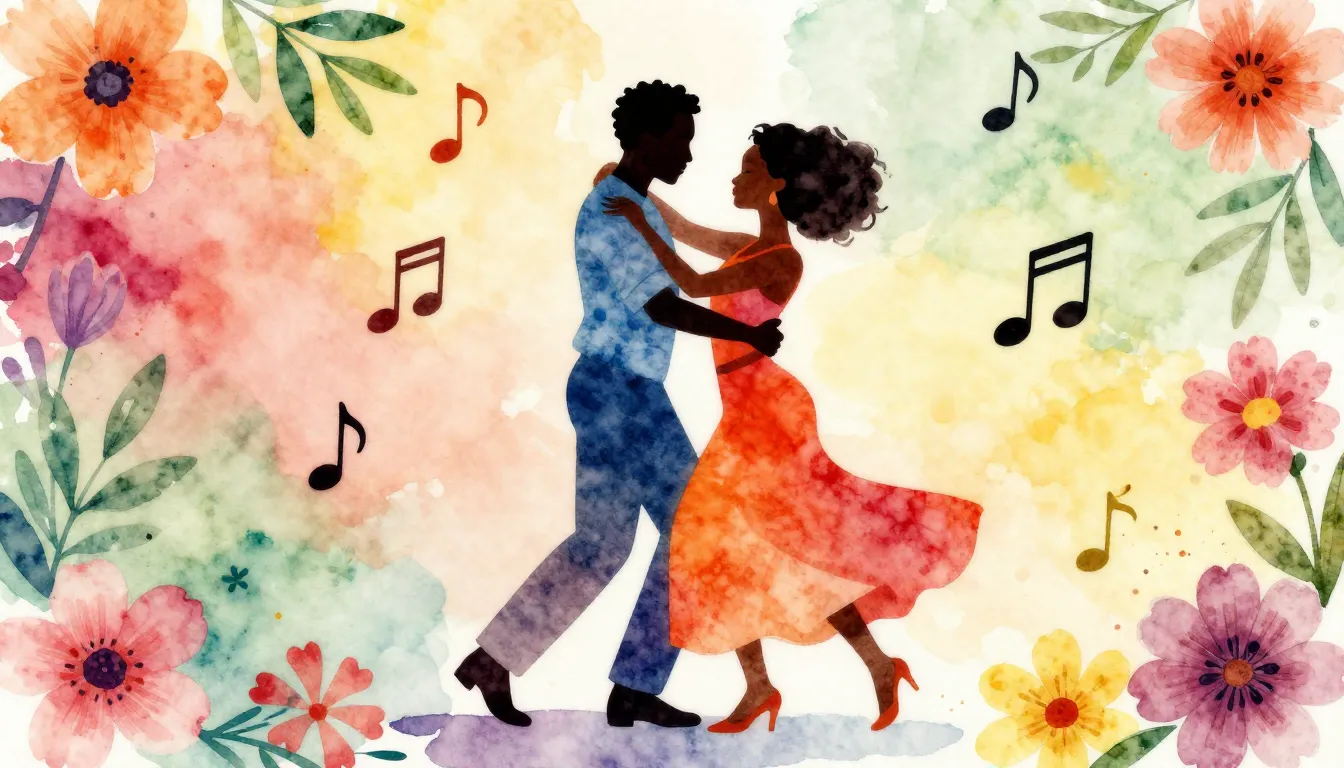 Vibrant watercolor style. Afro-Cuban dance music album cover...