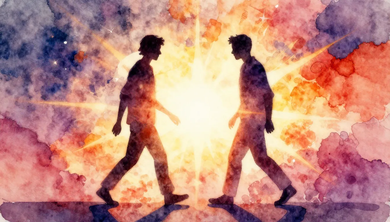 Vibrant watercolor style. Pop song cover art: two silhouette...