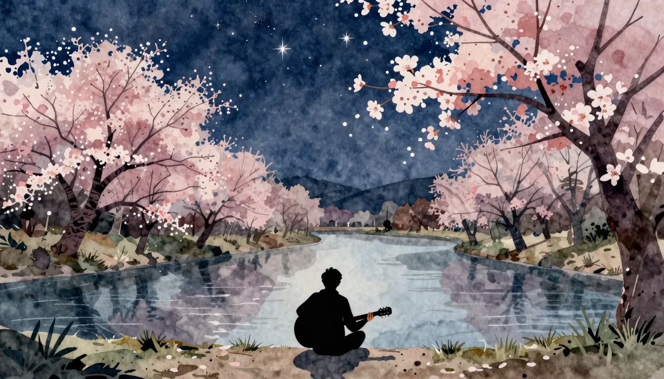 Watercolor style. Silhouette of a person with a guitar sitti...