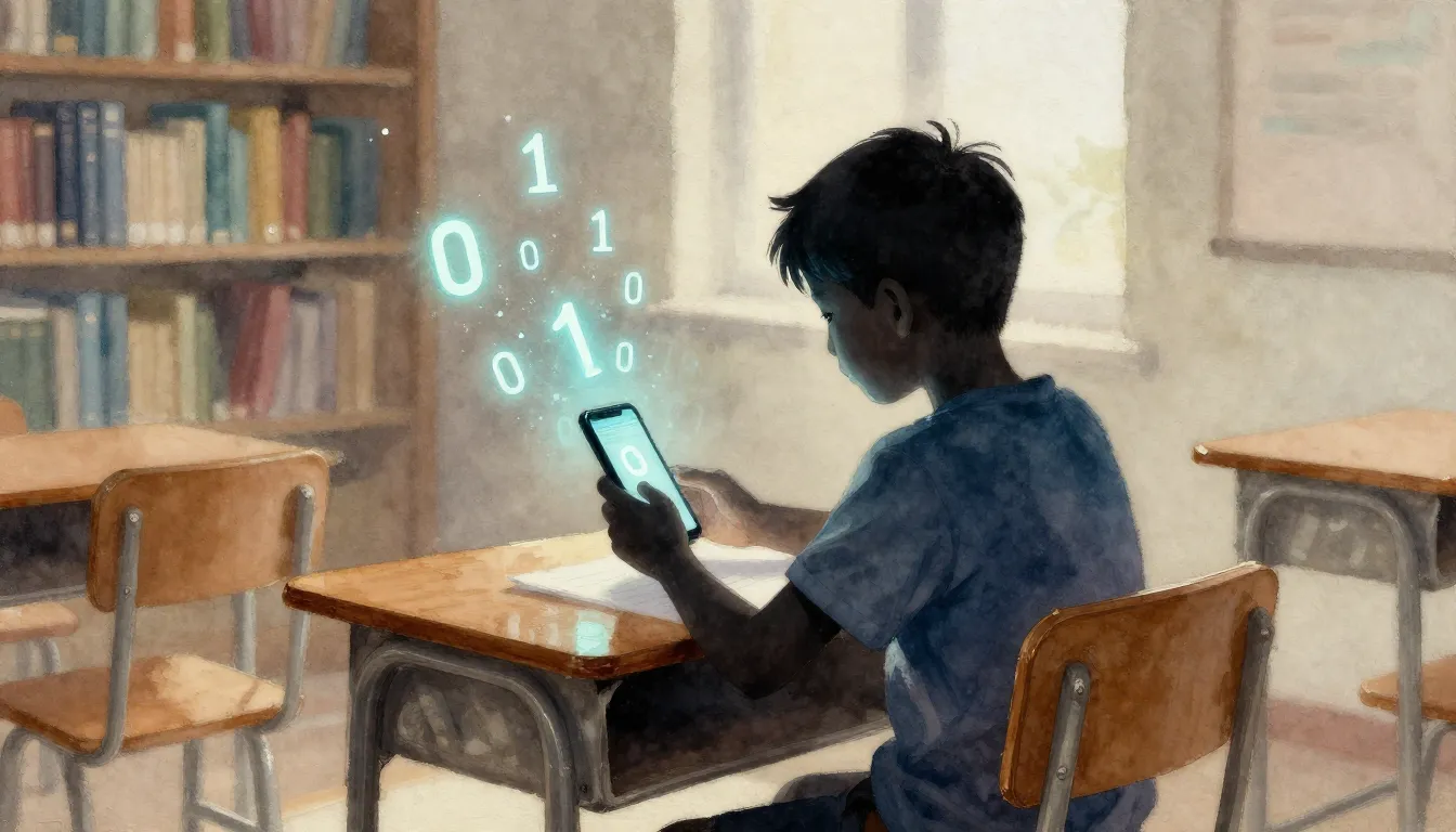 Watercolor style. A silhouette of a boy sitting at a wooden ...