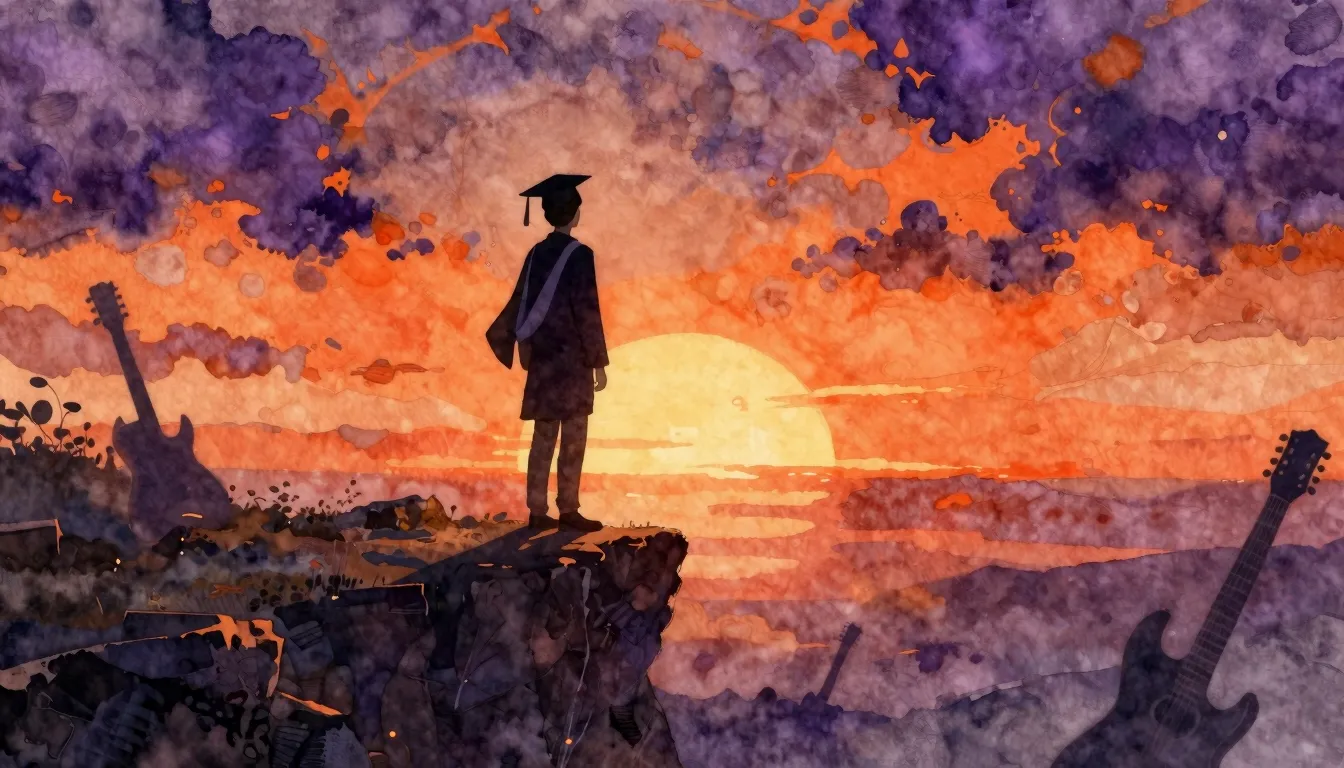 Watercolor style. A silhouette of a young person in a gradua...
