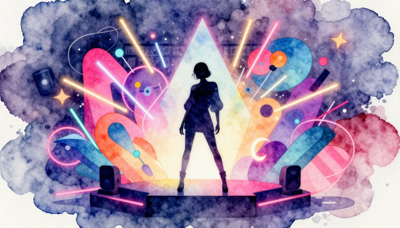Watercolor style. A vibrant neon party scene with abstract g...