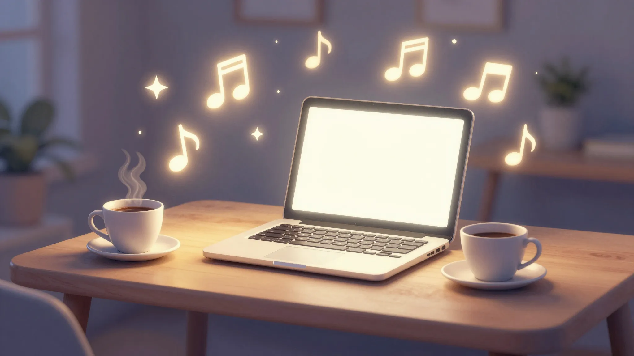 Watercolor style. A cozy workspace with a glowing laptop, a ...