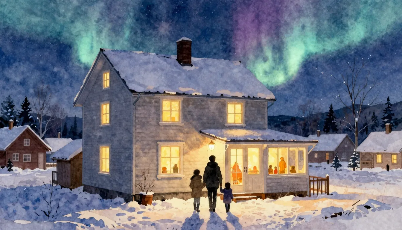 Watercolor style. A cozy, warm house with glowing windows at...