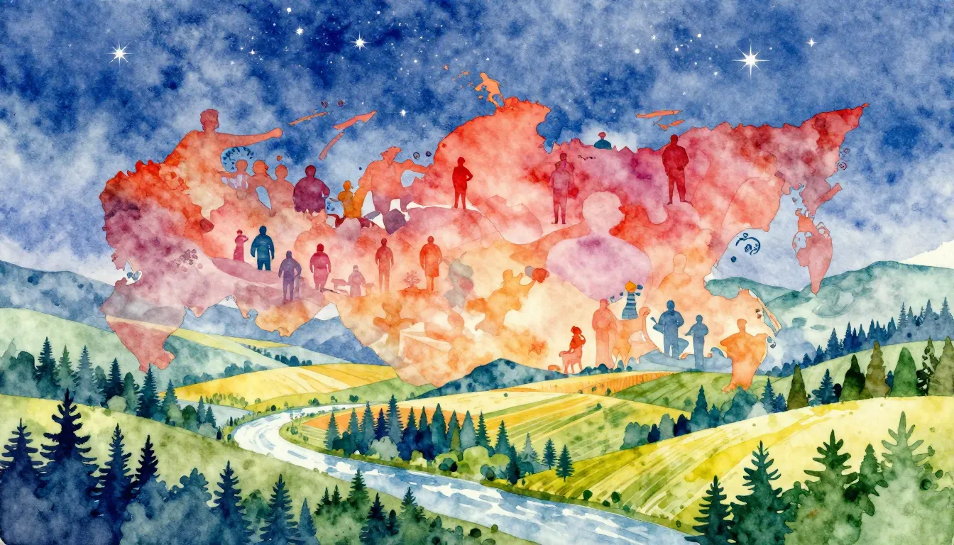 Vibrant watercolor style. A vibrant, diverse landscape of Ru...