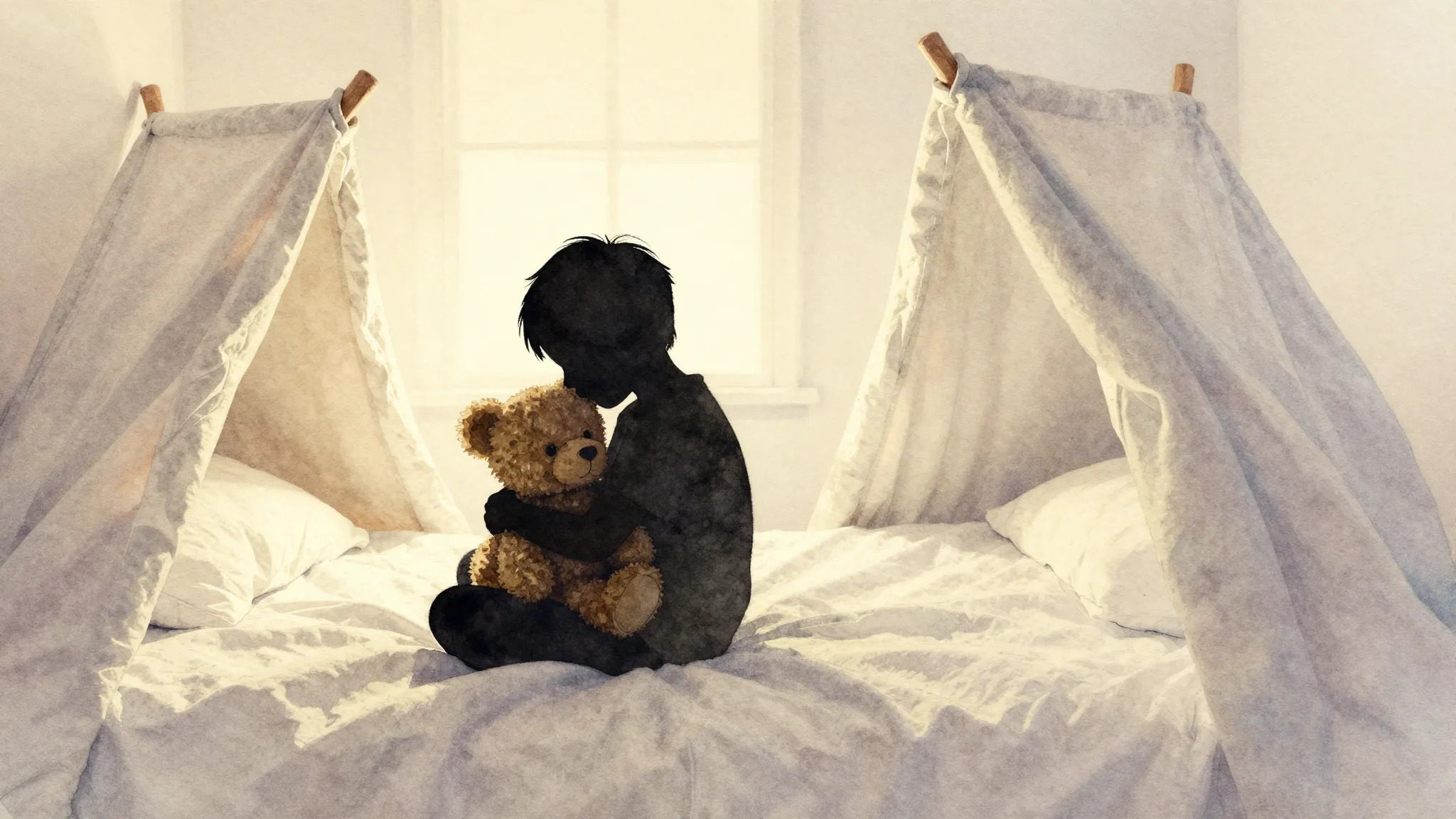 Watercolor style. Silhouette of a child sitting on a bed hug...