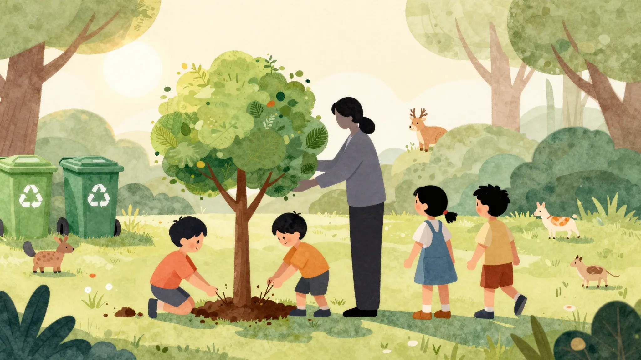 Watercolor style. A silhouette of a teacher and children pla...
