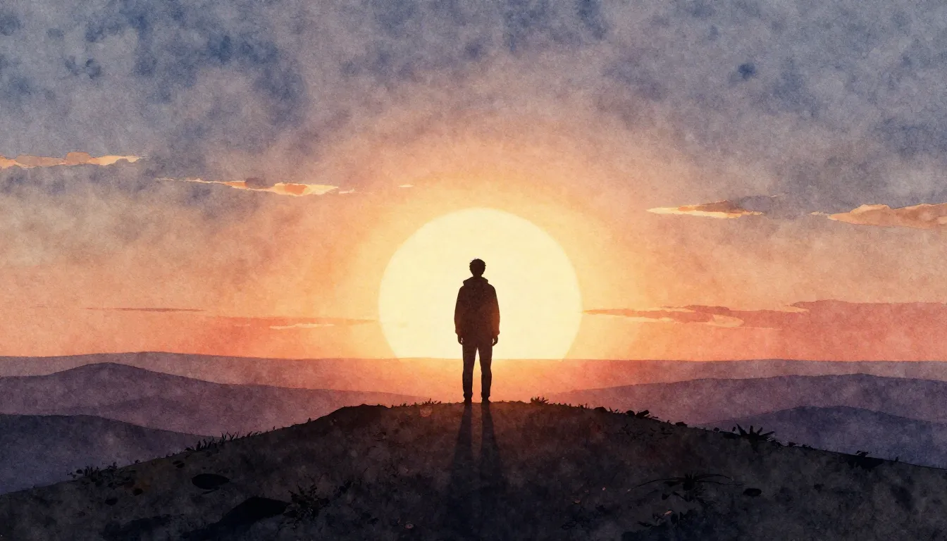 Watercolor style. Silhouette of a lonely figure standing on ...