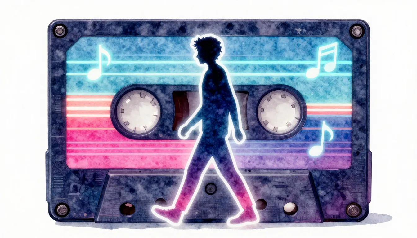 Watercolor style. Neon silhouette of a person walking, retro...