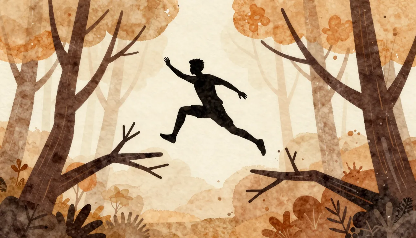 Watercolor style. Silhouette of a nimble figure jumping betw...