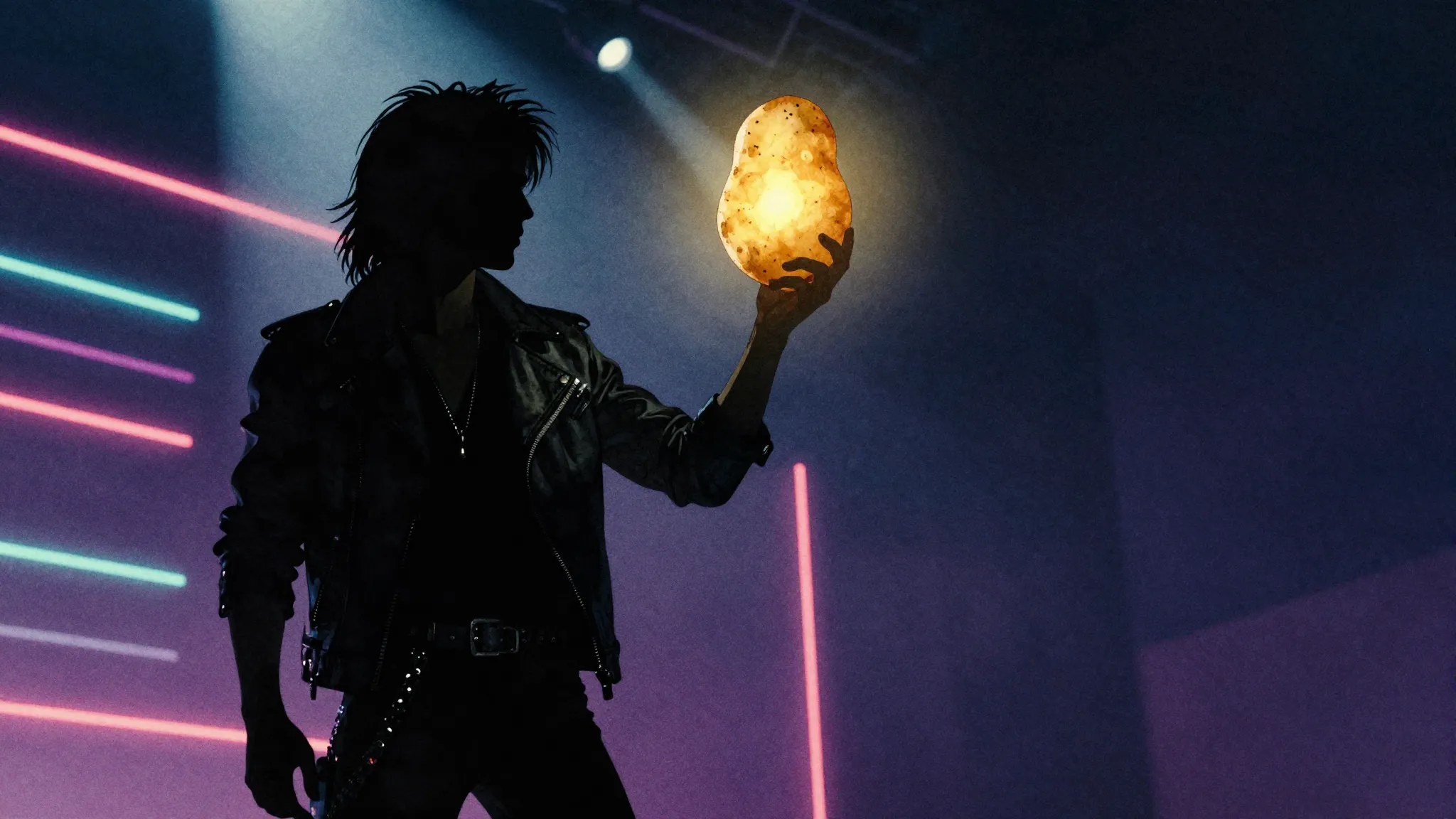 Watercolor style. A silhouette of a rock star holding a glow...