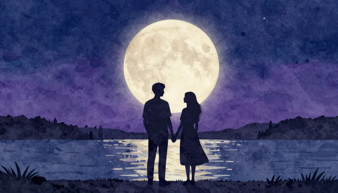 Watercolor style. Silhouette of a couple holding hands under...