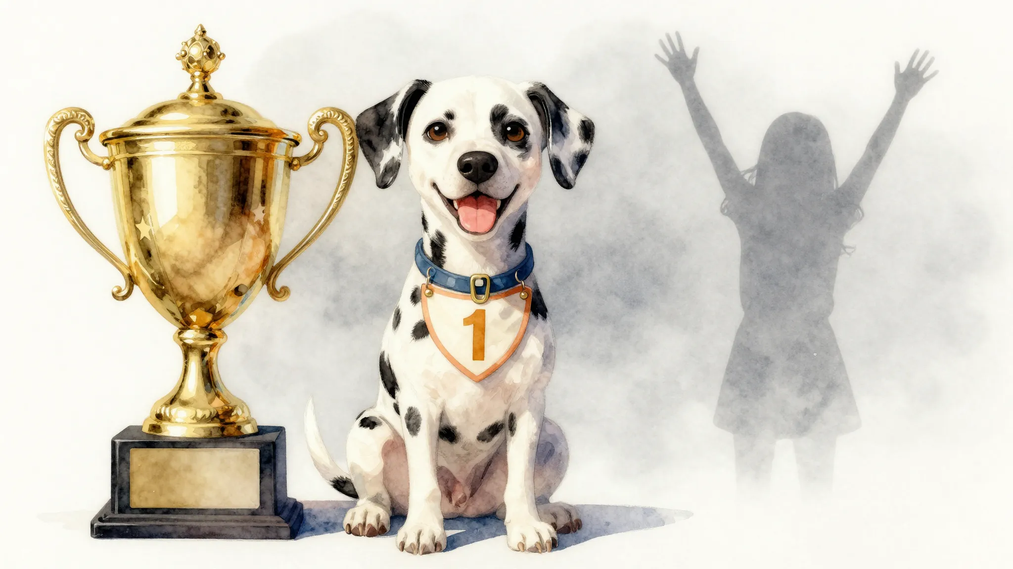 Watercolor style. A happy Dalmatian dog with a number '1' bi...