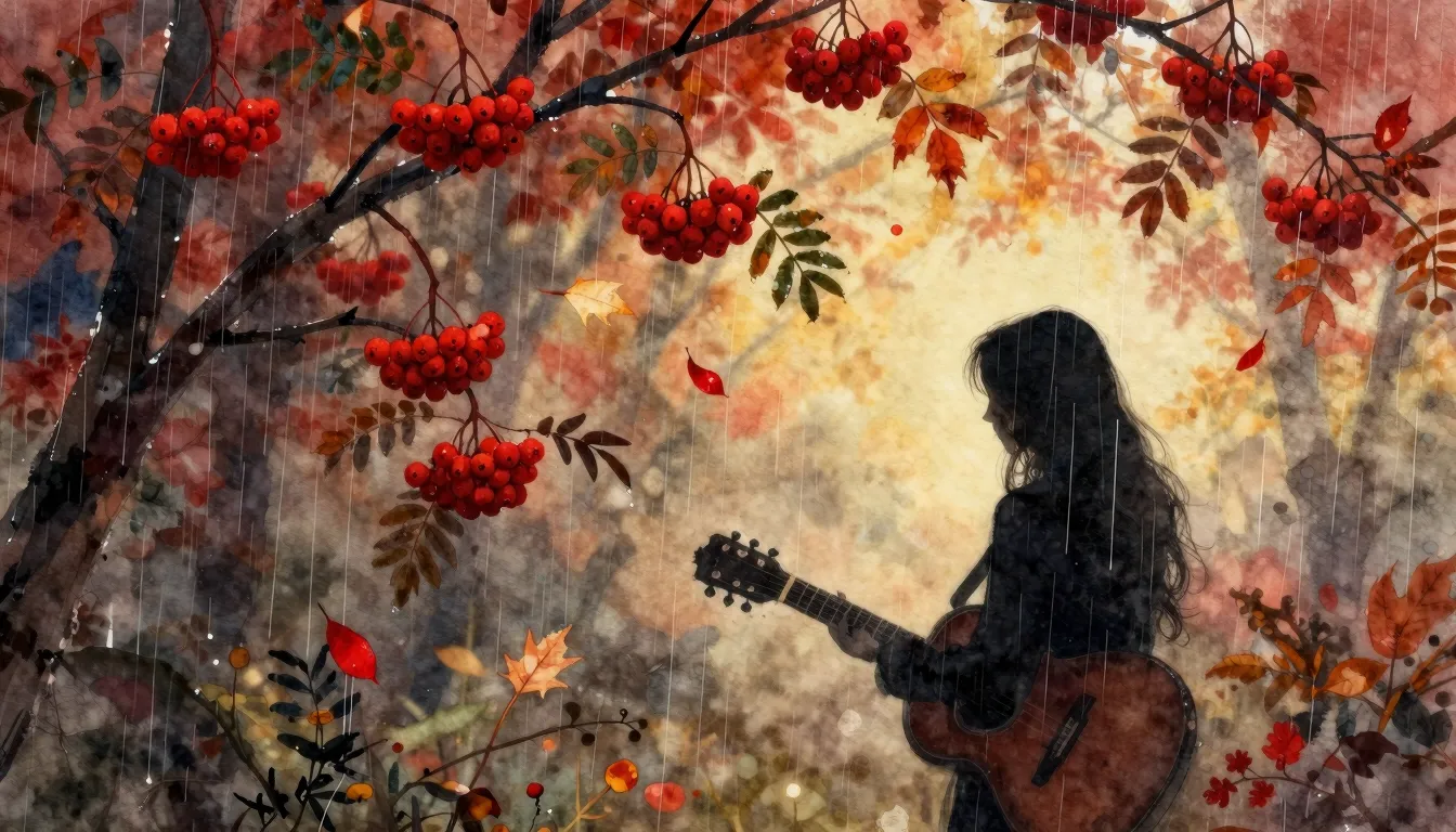 Vibrant watercolor style. Autumn rain, melancholic mood, lon...